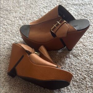 Robert Clergerie Tan Platform Wedge Mules with Gold Buckle